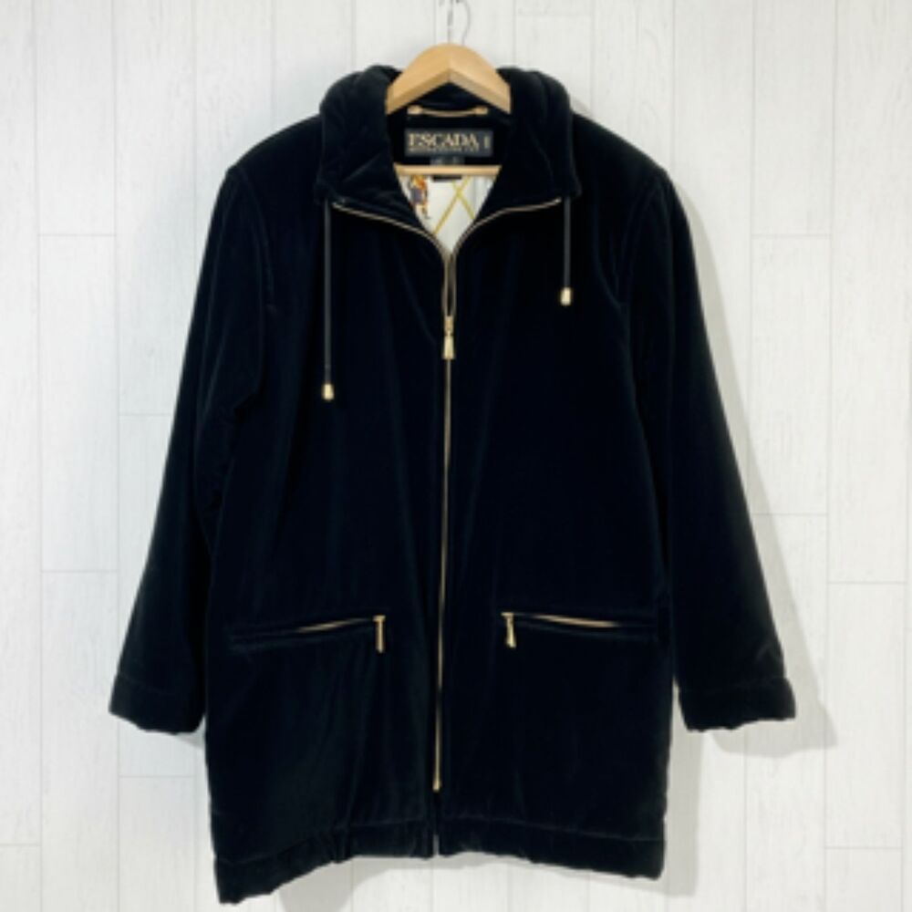 Vintage ESCADA Margaretha Ley Black Velvet Anorak Jacket Silk Musket Liner 36